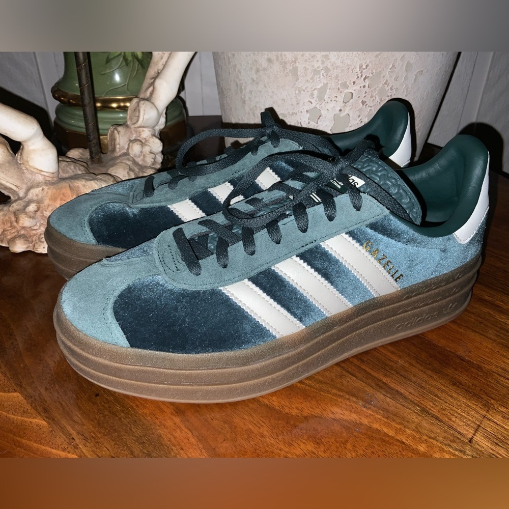 Women’s Adidas Gazelle Bold Mineral Green Velvet Sneakers 8.5